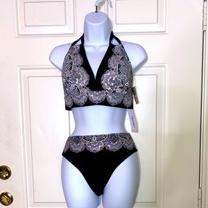 Swimsuits for all- Avenger halter hipster bikini set black white lace print